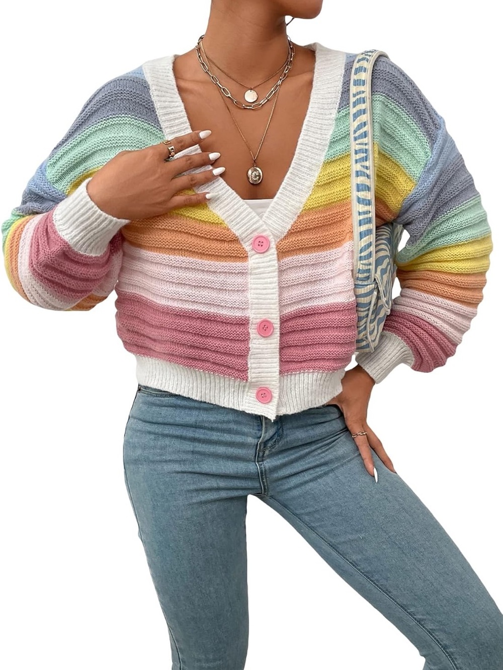 Chunky Rainbow Stripe V-Neck Cardigan Sweater - Pastel Pink
